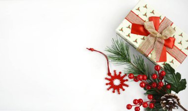 Çok renkli fiyonklu hediye kutusu, kırmızı böğürtlenli dekoratif dal ve beyaz arka planda bir kar tanesi.