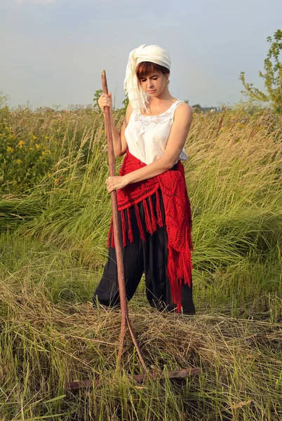 Uma mulher em uma blusa de renda branca e um rakes xale vermelho grama seca no campo em uma noite de verão . — Fotografia de Stock