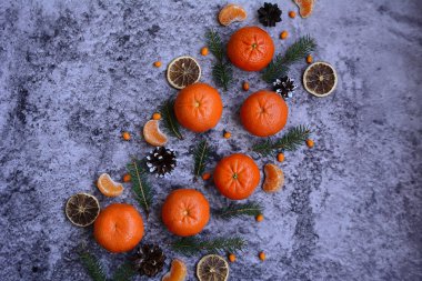 Composition of juicy orange mandarins, green spruce branches, cones, dry slices of orange and sea buckthorn on a gray background.