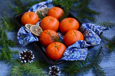 Orange ripe tangerines on a blue napkin, fir branches and cones on a blue background.
