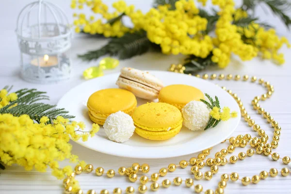 Macaroni Multicolori Piatto Bianco Mimosa Gialla Tavolo Legno Chiaro Relax — Foto Stock