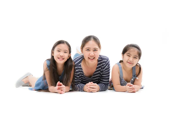 Happy Asian Mother Daughter Lying Isolated White Background Happy Family — Stock Photo, Image