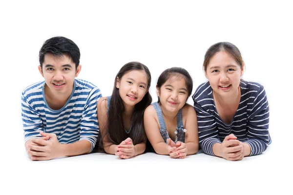 Healthy Asian family smiling and lying on isolated white background, Happy family — Stock Photo, Image