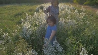 Ağır çekim mutlu Asyalı kızın büyükannesi çiçek alanı ile güneş ışığı ile yürüme