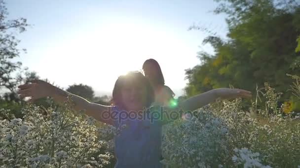 Mouvement lent de fille asiatique heureuse marchant avec sa sœur dans le champ de fleurs avec la lumière du soleil — Video