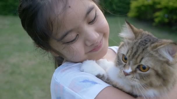 Slow motion av härlig asiatisk tjej leker med hennes persisk katt i parken — Stockvideo