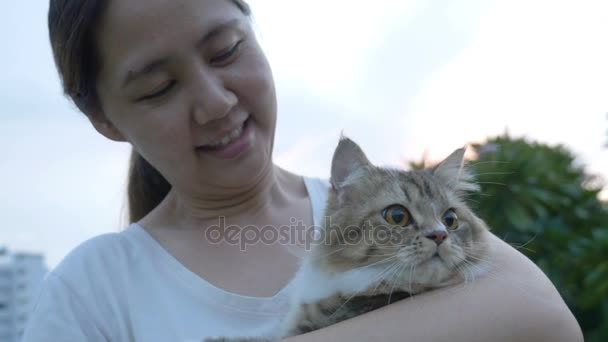 4 k: 젊은 아시아 여자는 공원에서 그녀의 페르시아 고양이 함께 합니다 — 비디오