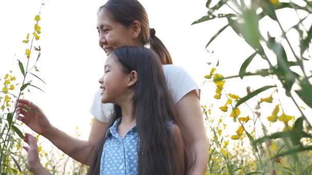 Gelukkig Aziatisch meisje en moeder spelen in de weide, Slow-motion shot — Stockvideo
