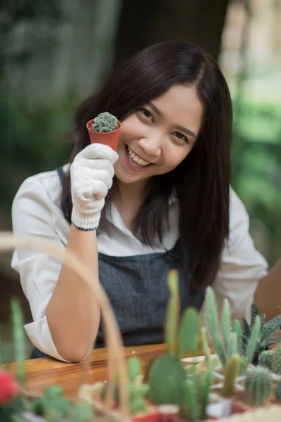 Portrait Young Asian Girl Planting Little Cactus Pot — Stock Photo, Image