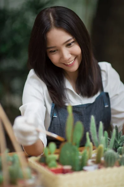 Portrait Young Asian Girl Planting Little Cactus Pot — Stock Photo, Image