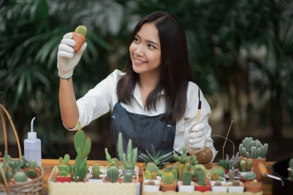 Portrait Young Asian Girl Planting Little Cactus Pot — Stock Photo, Image