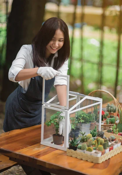 Heureuse jeune femme asiatique mettant plante à mini maison en verre — Photo