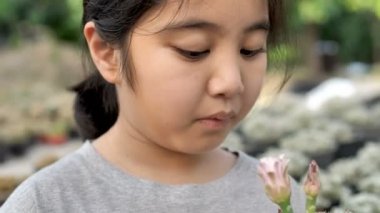 4k: sevimli küçük Asya çiftçi kız grupta cactus çeşitli dikim
