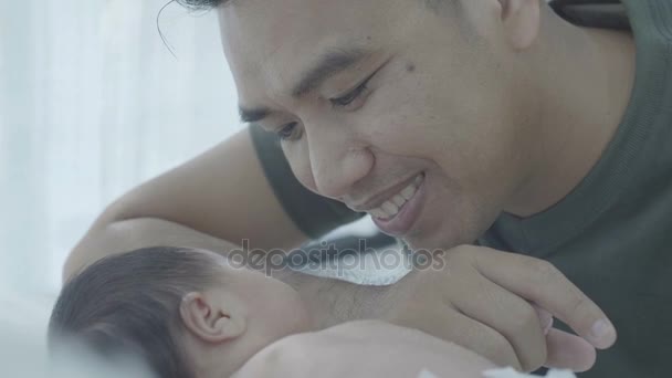 Slow Motion Happy Asian Father Take Care His Newborn Baby — Stock Video