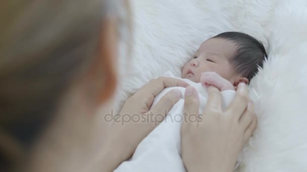 Slow Motion Mother Take Care Her Adorable Newborn Baby Carefully — Stock Video