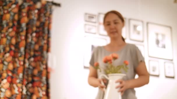 Slow Motion Asian Woman Rides Shopping Cart Warehouse Choosing New — Stock Video