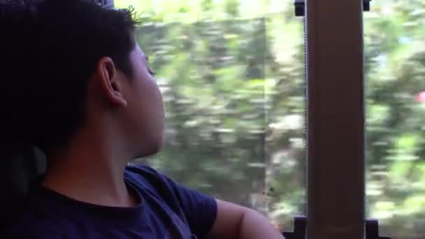 Menino cansado viajando em ônibus e olhando pela janela — Vídeo de Stock