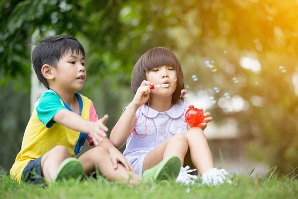 Niños en el parque soplando burbujas de jabón —  Fotos de Stock