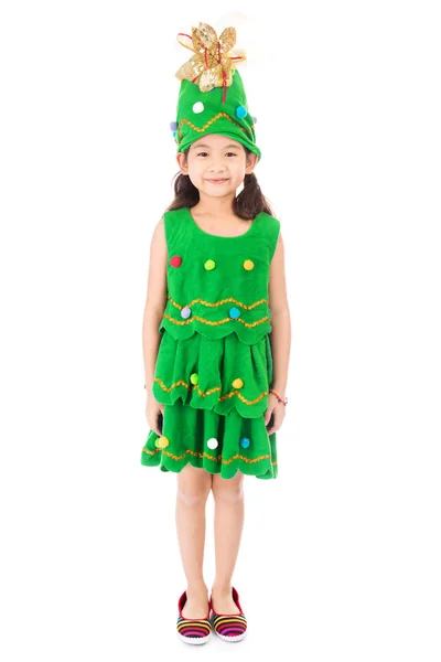 Portrait de fille mignonne asiatique en costume d'arbre de Noël . — Photo
