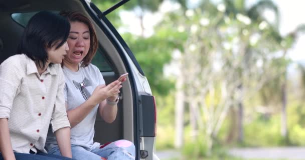 Glad asiatisk kvinna använda smart telefon i bilen på trädgården . — Stockvideo