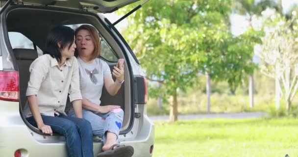 Gelukkig Aziatische vrouw gebruiken slimme telefoon in de auto bij de tuin . — Stockvideo