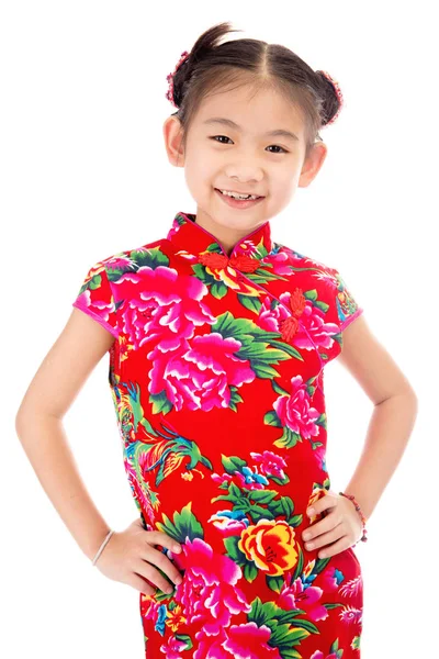 สาวเอเชียน่ารักน้อยในชุดจีน — ภาพถ่ายสต็อก