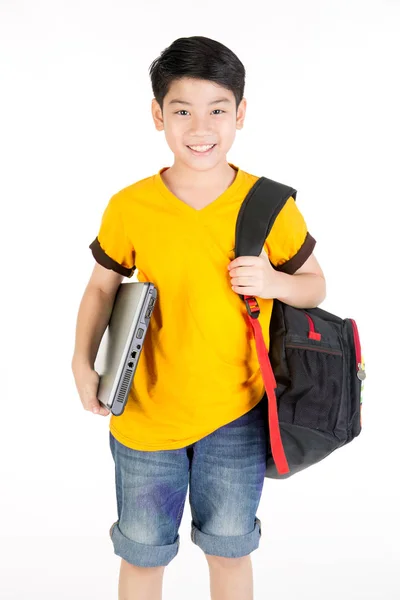 Happy asian boy hand holding laptop . — Stock Photo, Image