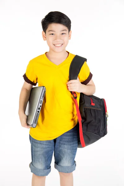 Happy asian boy hand holding laptop — Stock Photo, Image