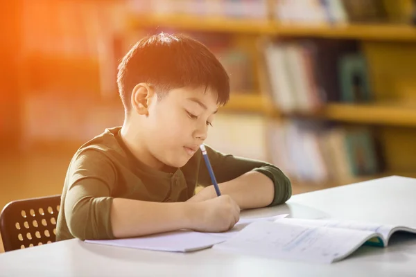 Feliz asiático niño haciendo tarea con sonrisa cara . — Foto de Stock