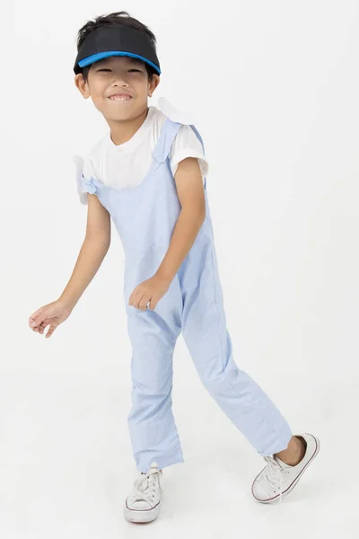 Little Asian boy in vintage jump suit  with smile face — Stock Photo, Image