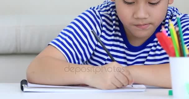Felice asiatico bambino disegno in casa interno — Video Stock