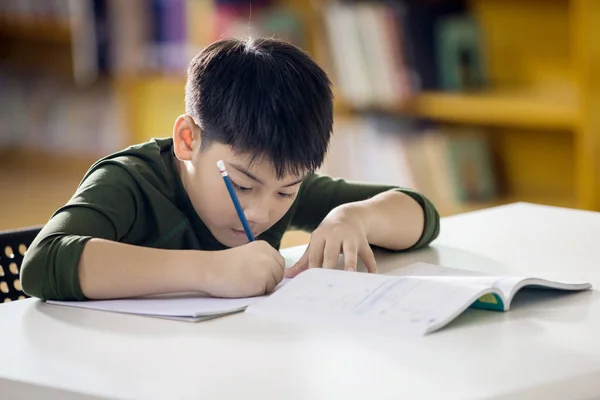 Feliz ásia criança fazendo homework com sorriso rosto . — Fotografia de Stock