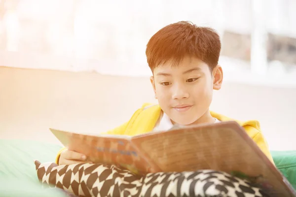 Menino asiático feliz lendo livro de história no sofá — Fotografia de Stock