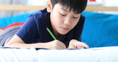 Asyalı çocuk evde ödev yazıyor .