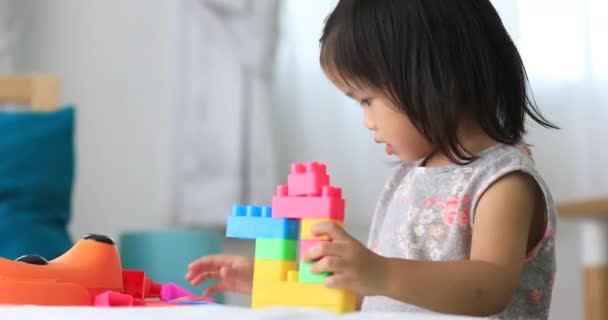 Pouco Asiático Crianças Brincando Com Colorido Construção Blocos Plástico Branco — Vídeo de Stock