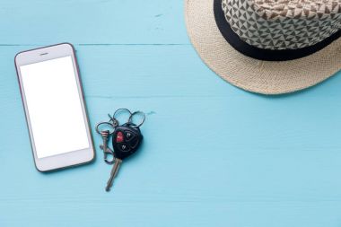 Ahşap masa, üstten görünüm kopya alanı ile tatil arka planda. PH