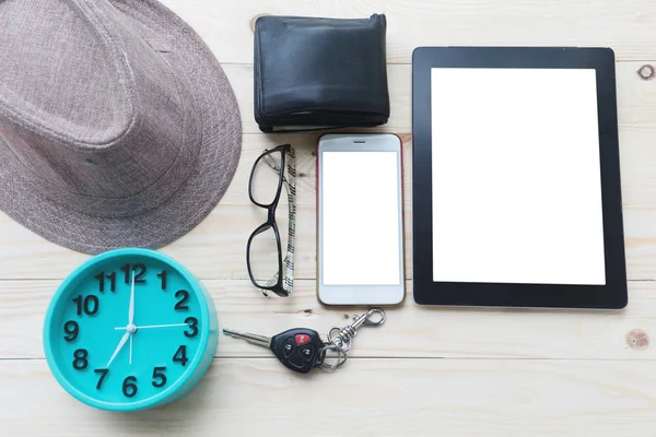 Vacation background on wood table , top view with copy space. Ph — Stock Photo, Image