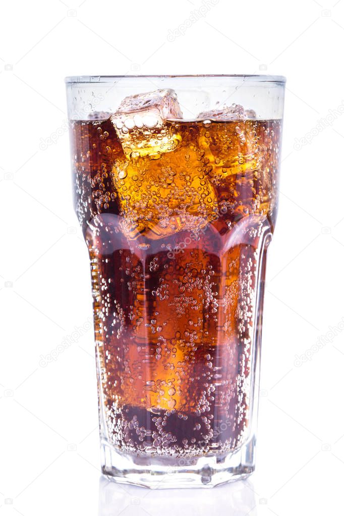 Cola in glass with ice isolated  on white background .