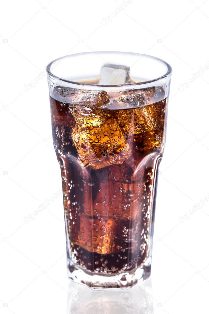 Cola in glass with ice isolated  on white background .