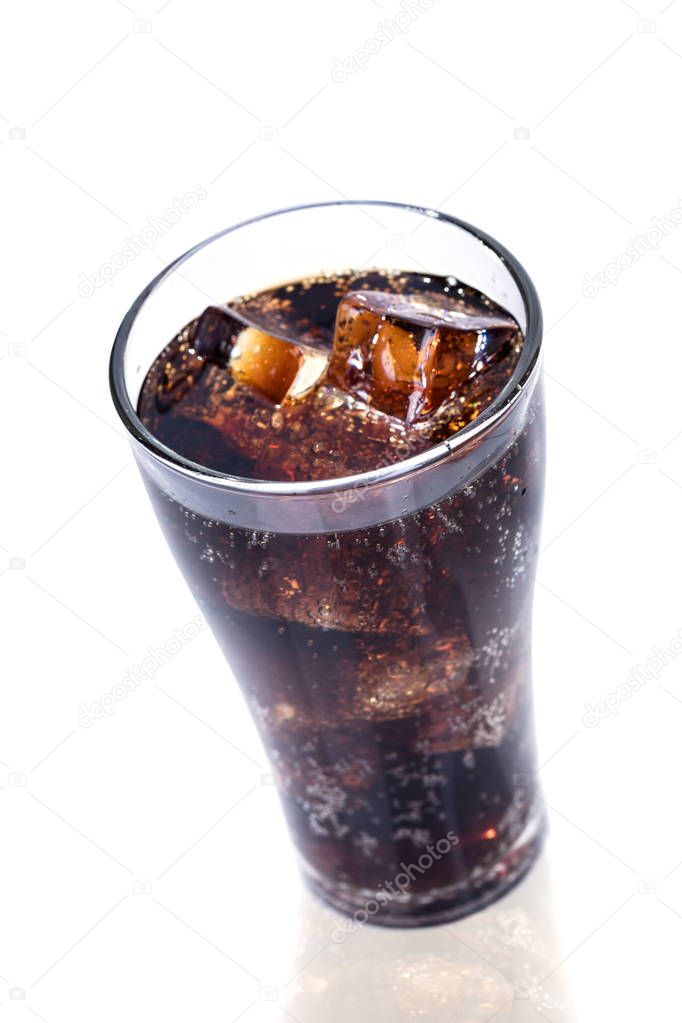 Cola in glass with ice isolated  on white background .