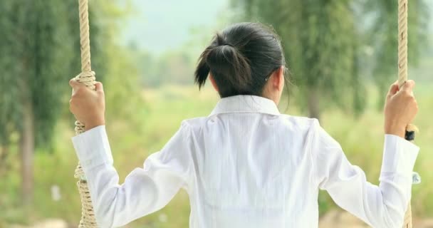 Achteraanzicht Van Aziatische Vrouw Zit Schommel Het Park — Stockvideo