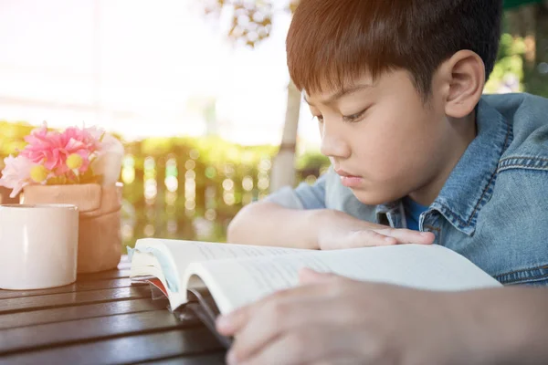 Asiático lindo niño leyendo libro con grave cara  . — Foto de Stock