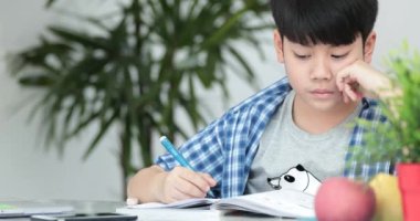 Kalem tutan ve ödevini evde yazma mutlu Asya sevimli çocuk el.