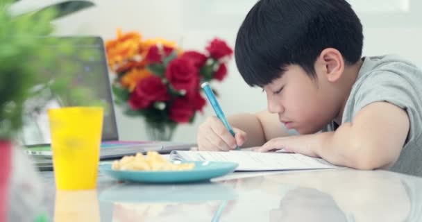 Маленький Азіатський Підліток Робить Домашнє Завдання Вдома Посмішкою Обличчя — стокове відео