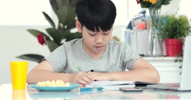 Küçük Asya Pre Teen Evde Gülümsemek Yüz Ile Ödev — Stok video