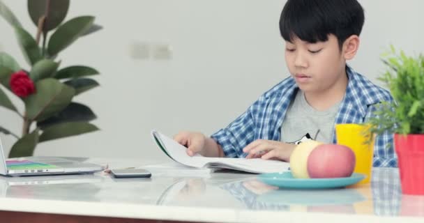 Маленький Азиатский Подросток Делает Домашнее Задание Дома Улыбкой Лице — стоковое видео