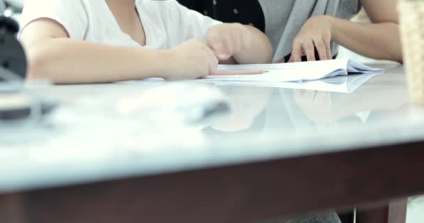 Asian Mom Helping Her Son Homework School Home — Stock Video