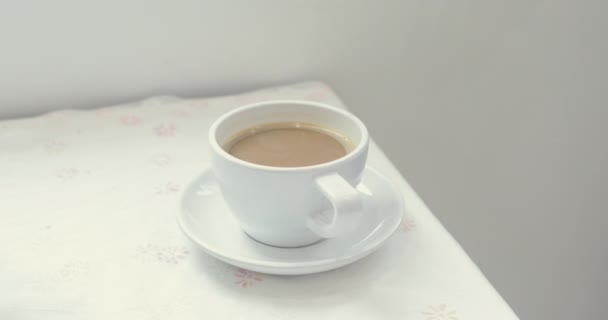 Closeup View Female Hands Taking White Cup Hot Coffee Table — Stock Video
