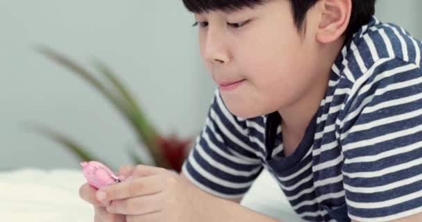 Lazer Crianças Tecnologia Comunicação Internet Conceito Pessoas Menino Sorridente Asiático — Vídeo de Stock