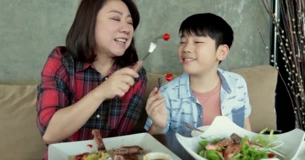 アジアの少年の家族はあなたのお母さんとサラダを食べてお楽しみください — ストック動画